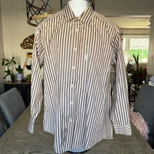 Faconnable Mens Brown White Striped Cotton Button Down Shirt Made in USA 17L L